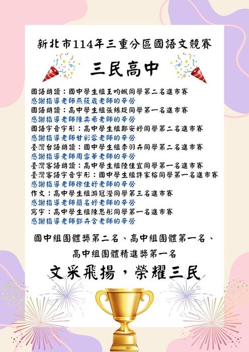 狂賀!!!本校學生參與新北市114年「國語文競賽」獲得佳績,全體師生同賀!!!圖片
