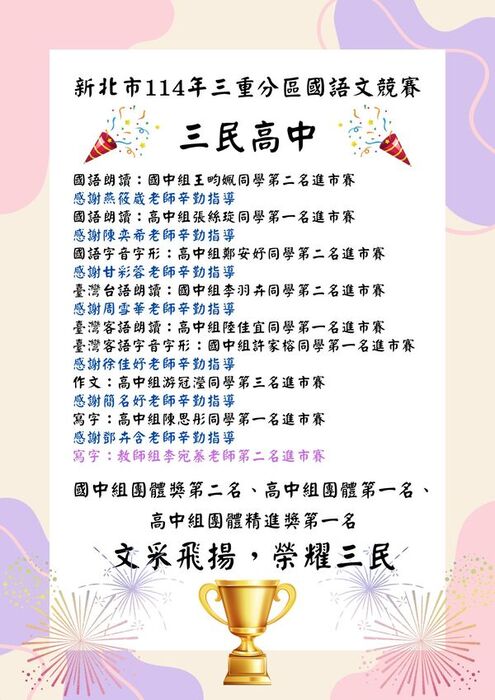 狂賀！！！本校學生參與新北市114年「國語文競賽」獲得佳績，全體師生同賀！！！圖片