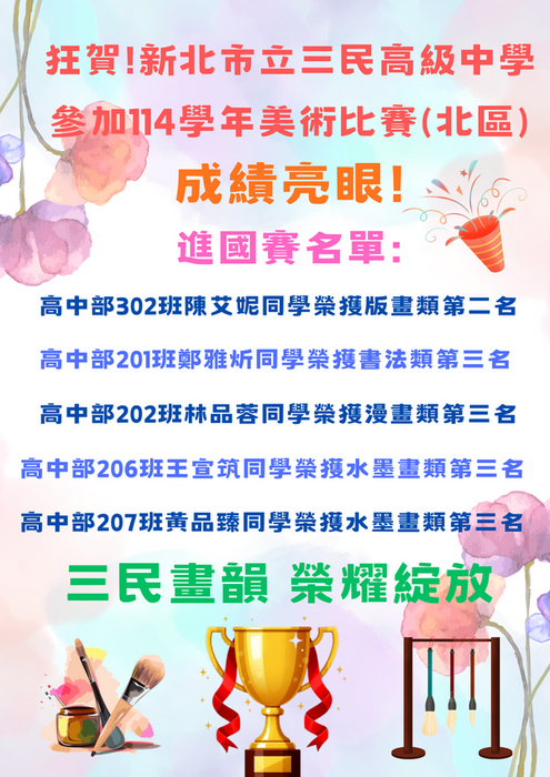 狂賀!!!本校學生參與新北市114學年美術比賽(北區)獲得佳績,全體師生同賀!!!圖片