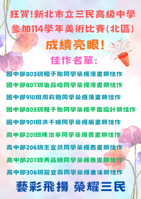 狂賀!!!本校學生參與新北市114學年美術比賽(北區)獲得佳績,全體師生同賀!!!圖片